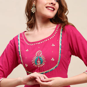 Ethnic Hand Embroidered Flared Kurta with Pants and Dupatta - Hot Pink