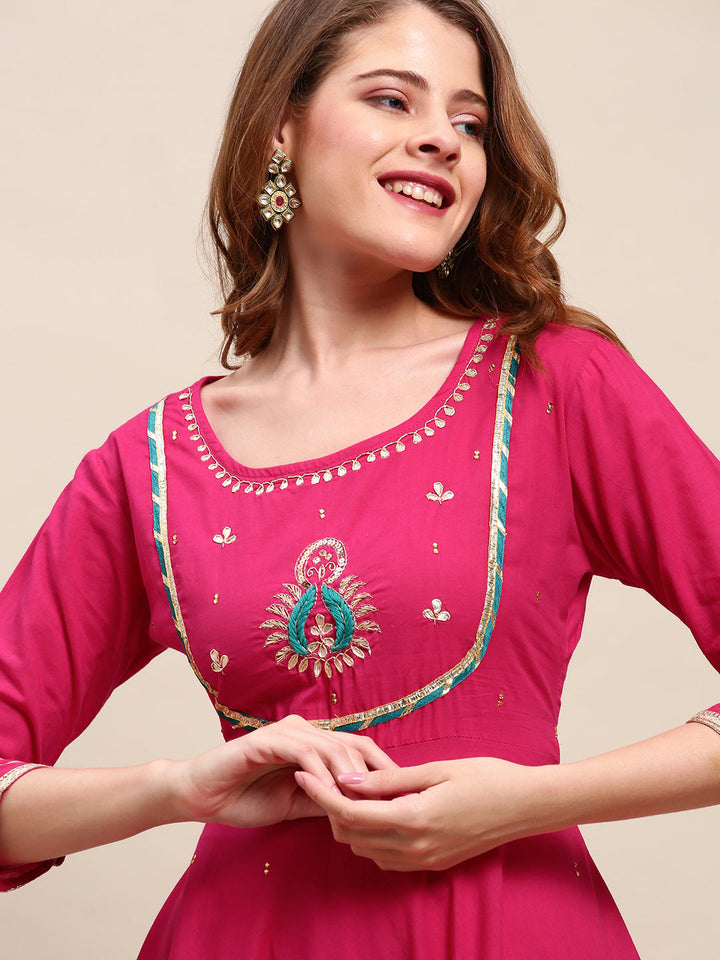 Ethnic Hand Embroidered Flared Kurta with Pants and Dupatta - Hot Pink