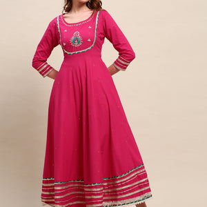 Ethnic Hand Embroidered Flared Kurta with Pants and Dupatta - Hot Pink