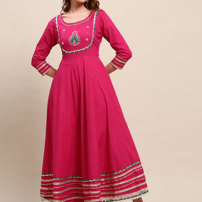 Ethnic Hand Embroidered Flared Kurta with Pants and Dupatta - Hot Pink