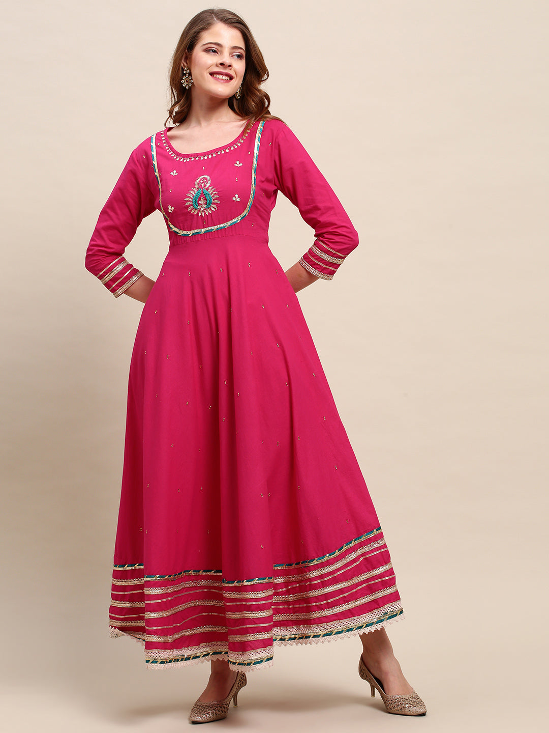 Ethnic Hand Embroidered Flared Kurta with Pants and Dupatta - Hot Pink