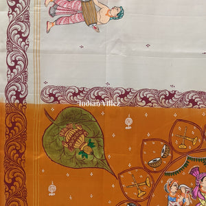 Red Mustard Yellow Marriage Theme Hand-Painted Pattachitra Saree