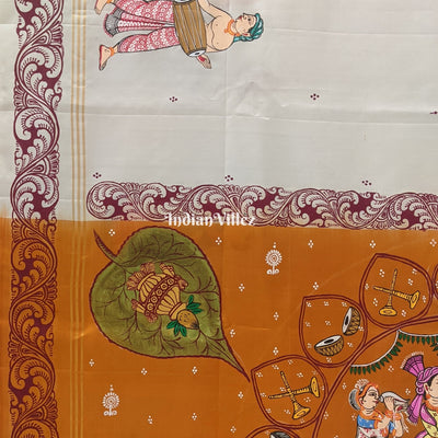 Red Mustard Yellow Marriage Theme Hand-Painted Pattachitra Saree