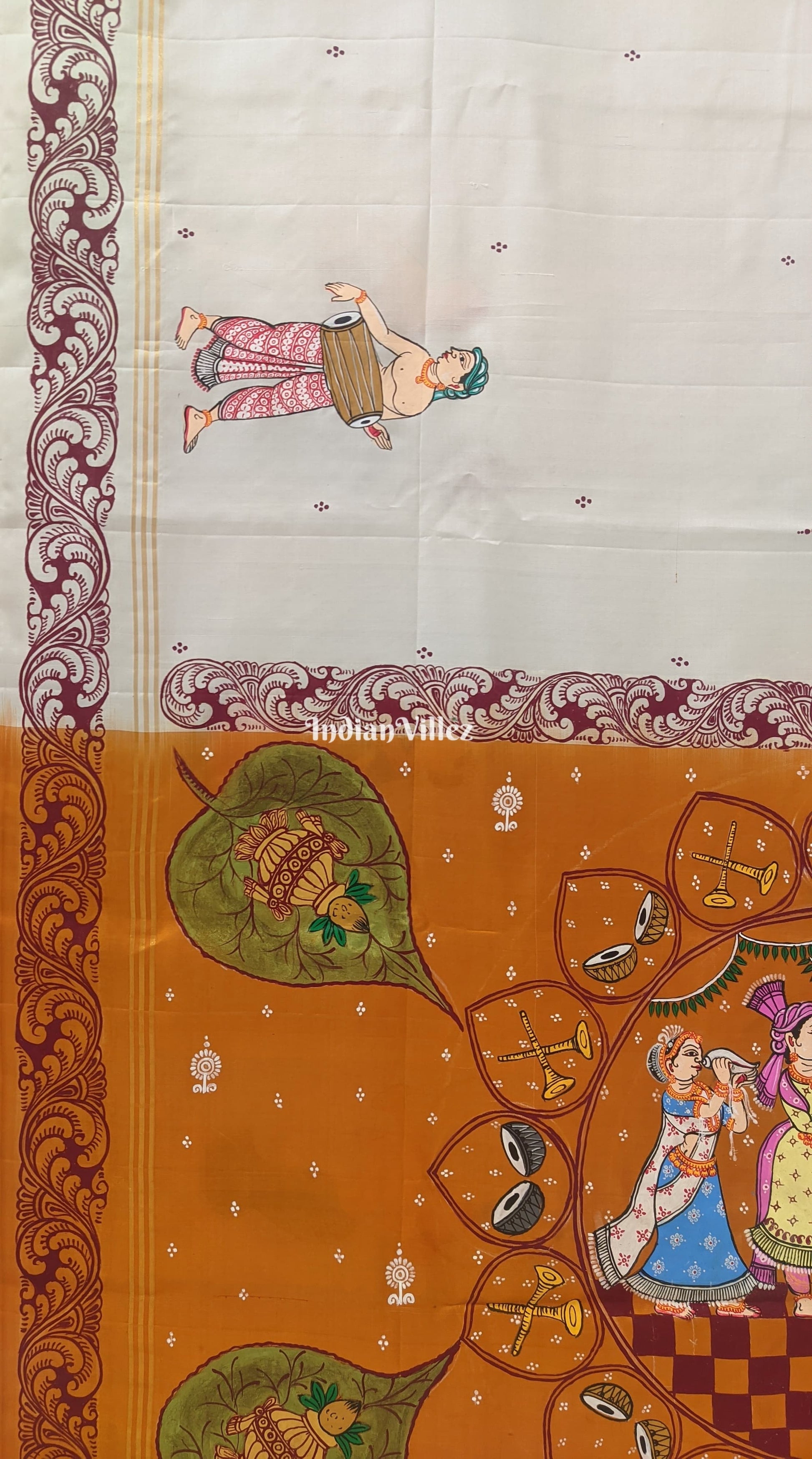 Red Mustard Yellow Marriage Theme Hand-Painted Pattachitra Saree