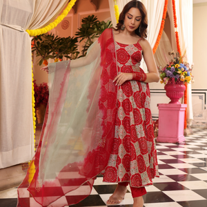 Cherry Red Delight Printed Silk Suit Set
