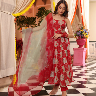 Cherry Red Delight Printed Silk Suit Set