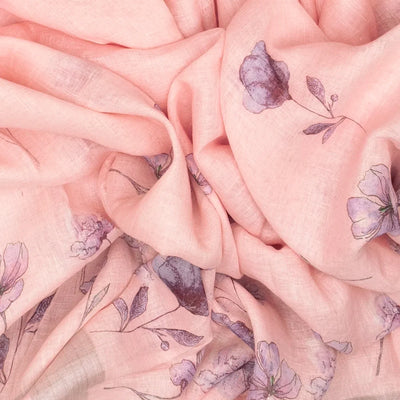 Baby Pink Handloom Linen Saree With Printed Blue Floral Motifs