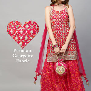 Zari Embroidered & Bandhani Printed Kurta with Sharara & Dupatta - Hot Pink