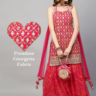 Zari Embroidered & Bandhani Printed Kurta with Sharara & Dupatta - Hot Pink
