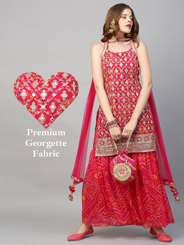 Zari Embroidered & Bandhani Printed Kurta with Sharara & Dupatta - Hot Pink