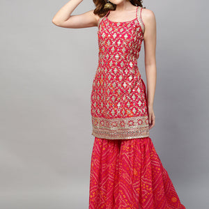 Zari Embroidered & Bandhani Printed Kurta with Sharara & Dupatta - Hot Pink