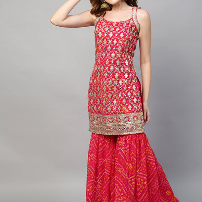 Zari Embroidered & Bandhani Printed Kurta with Sharara & Dupatta - Hot Pink