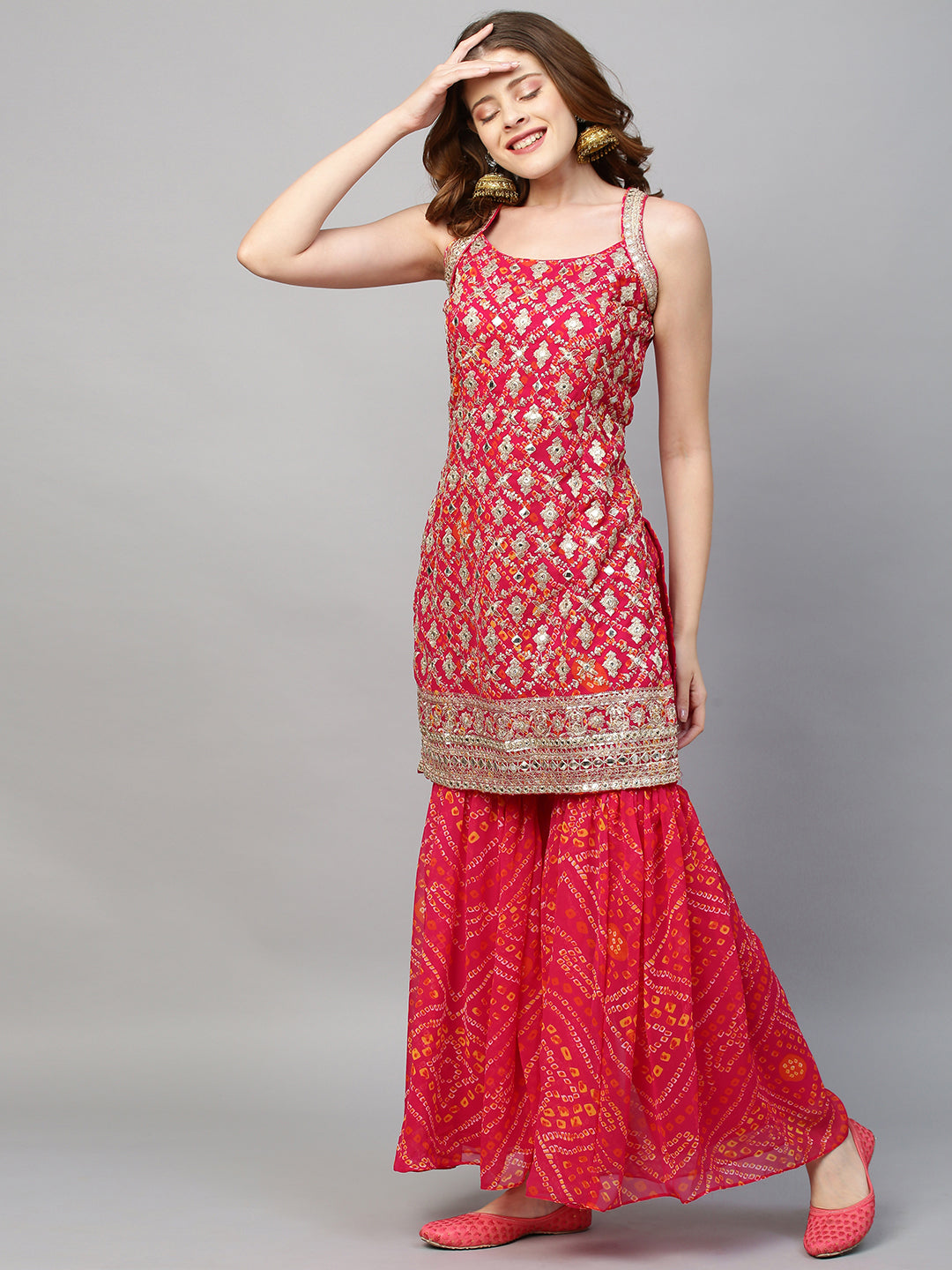 Zari Embroidered & Bandhani Printed Kurta with Sharara & Dupatta - Hot Pink