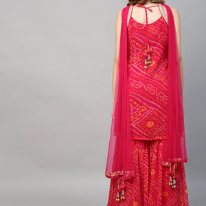 Zari Embroidered & Bandhani Printed Kurta with Sharara & Dupatta - Hot Pink