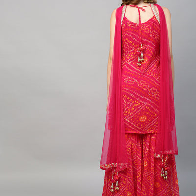 Zari Embroidered & Bandhani Printed Kurta with Sharara & Dupatta - Hot Pink