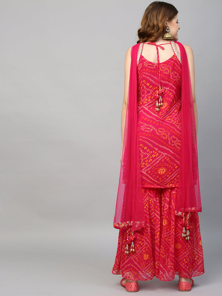 Zari Embroidered & Bandhani Printed Kurta with Sharara & Dupatta - Hot Pink