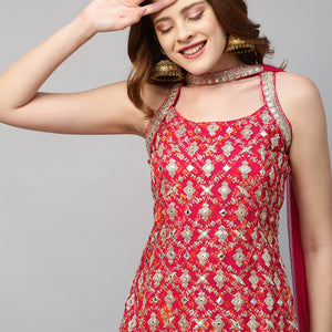 Zari Embroidered & Bandhani Printed Kurta with Sharara & Dupatta - Hot Pink