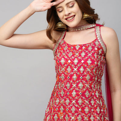 Zari Embroidered & Bandhani Printed Kurta with Sharara & Dupatta - Hot Pink