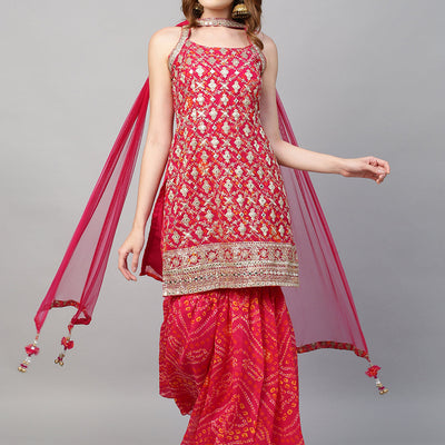 Zari Embroidered & Bandhani Printed Kurta with Sharara & Dupatta - Hot Pink