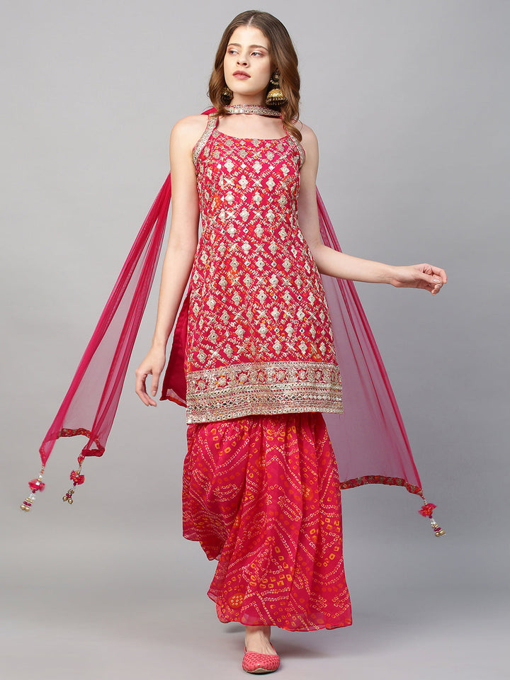 Zari Embroidered & Bandhani Printed Kurta with Sharara & Dupatta - Hot Pink