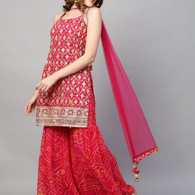 Zari Embroidered & Bandhani Printed Kurta with Sharara & Dupatta - Hot Pink