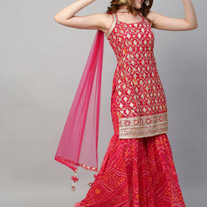 Zari Embroidered & Bandhani Printed Kurta with Sharara & Dupatta - Hot Pink