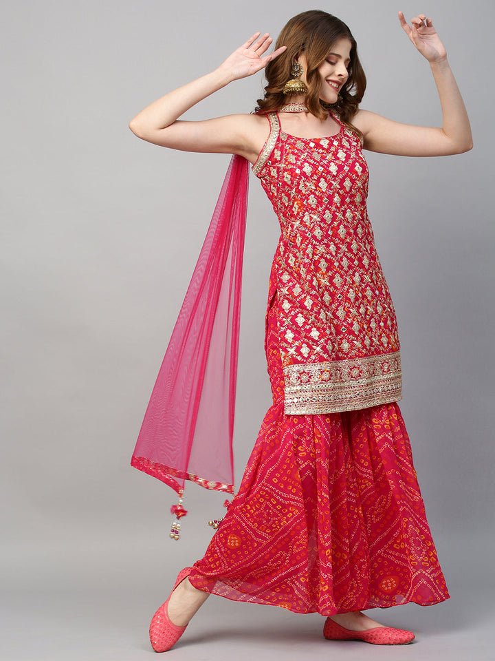 Zari Embroidered & Bandhani Printed Kurta with Sharara & Dupatta - Hot Pink