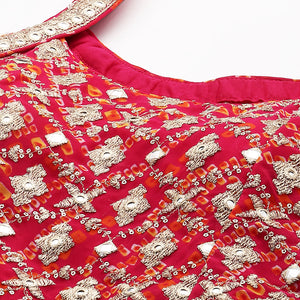 Zari Embroidered & Bandhani Printed Kurta with Sharara & Dupatta - Hot Pink