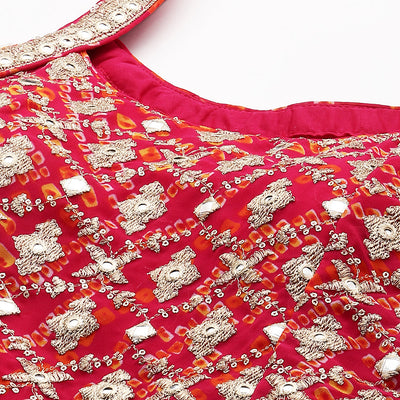 Zari Embroidered & Bandhani Printed Kurta with Sharara & Dupatta - Hot Pink
