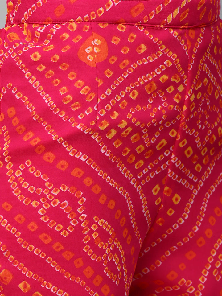 Zari Embroidered & Bandhani Printed Kurta with Sharara & Dupatta - Hot Pink