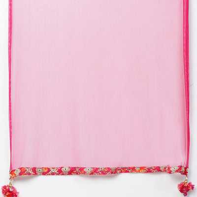 Zari Embroidered & Bandhani Printed Kurta with Sharara & Dupatta - Hot Pink