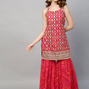 Zari Embroidered & Bandhani Printed Kurta with Sharara & Dupatta - Hot Pink
