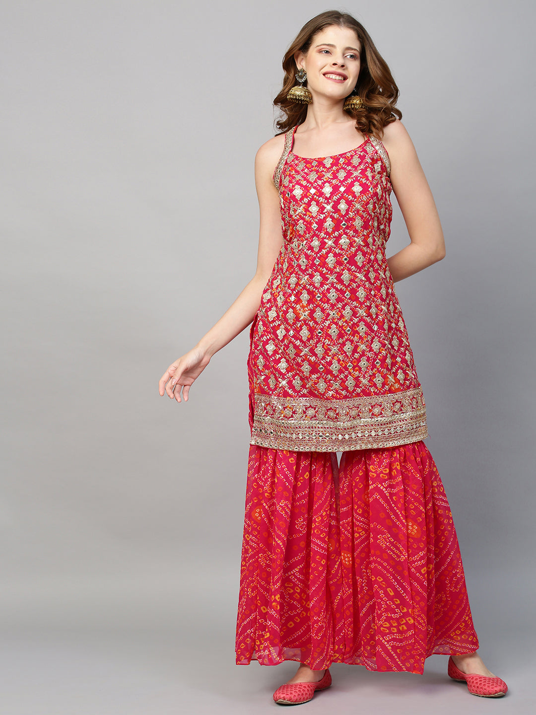 Zari Embroidered & Bandhani Printed Kurta with Sharara & Dupatta - Hot Pink