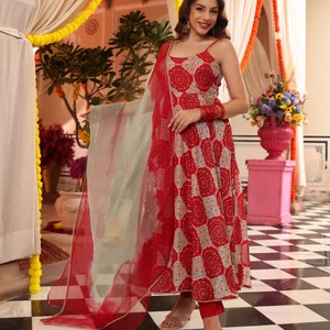 Cherry Red Delight Printed Silk Suit Set