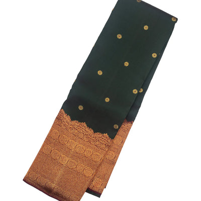 Bottle Green Handloom Kanchipuram Silk Saree With Meena Buttas