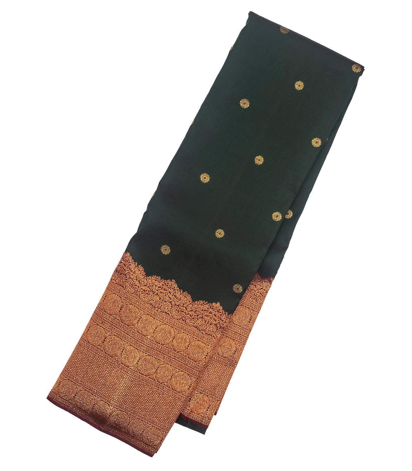 Bottle Green Handloom Kanchipuram Silk Saree With Meena Buttas