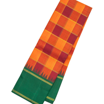 Crimson & Orange Handloom Kanchipuram Korvai Silk Saree With Checks