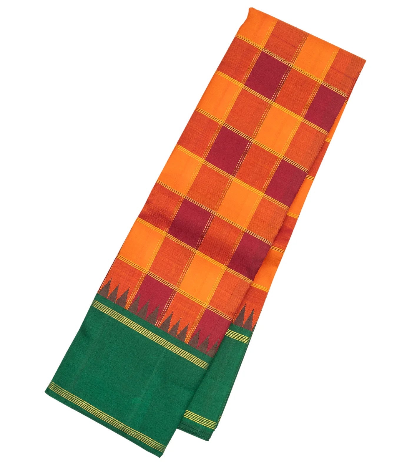 Crimson & Orange Handloom Kanchipuram Korvai Silk Saree With Checks