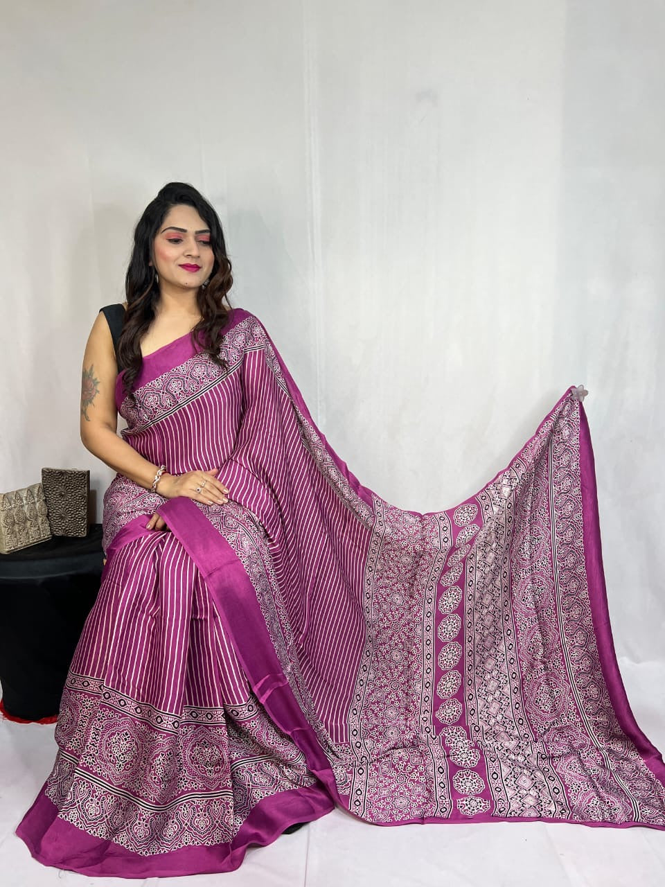 Modal Silk Authentic Hand Blocked Ajrakh work Saree