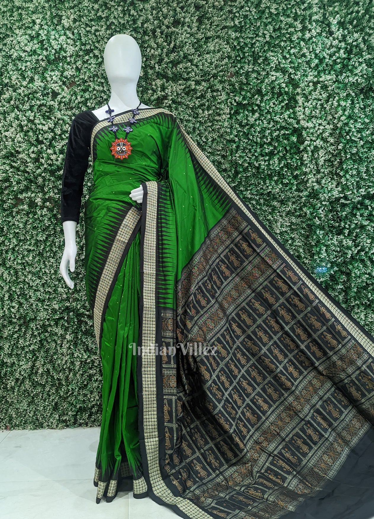 Green Black Buti Design Bomkai Sambalpuri Silk Saree