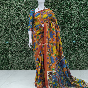 Orange Lotus Fish Hand-Painted Natural Dye Cotton Kalamkari Saree