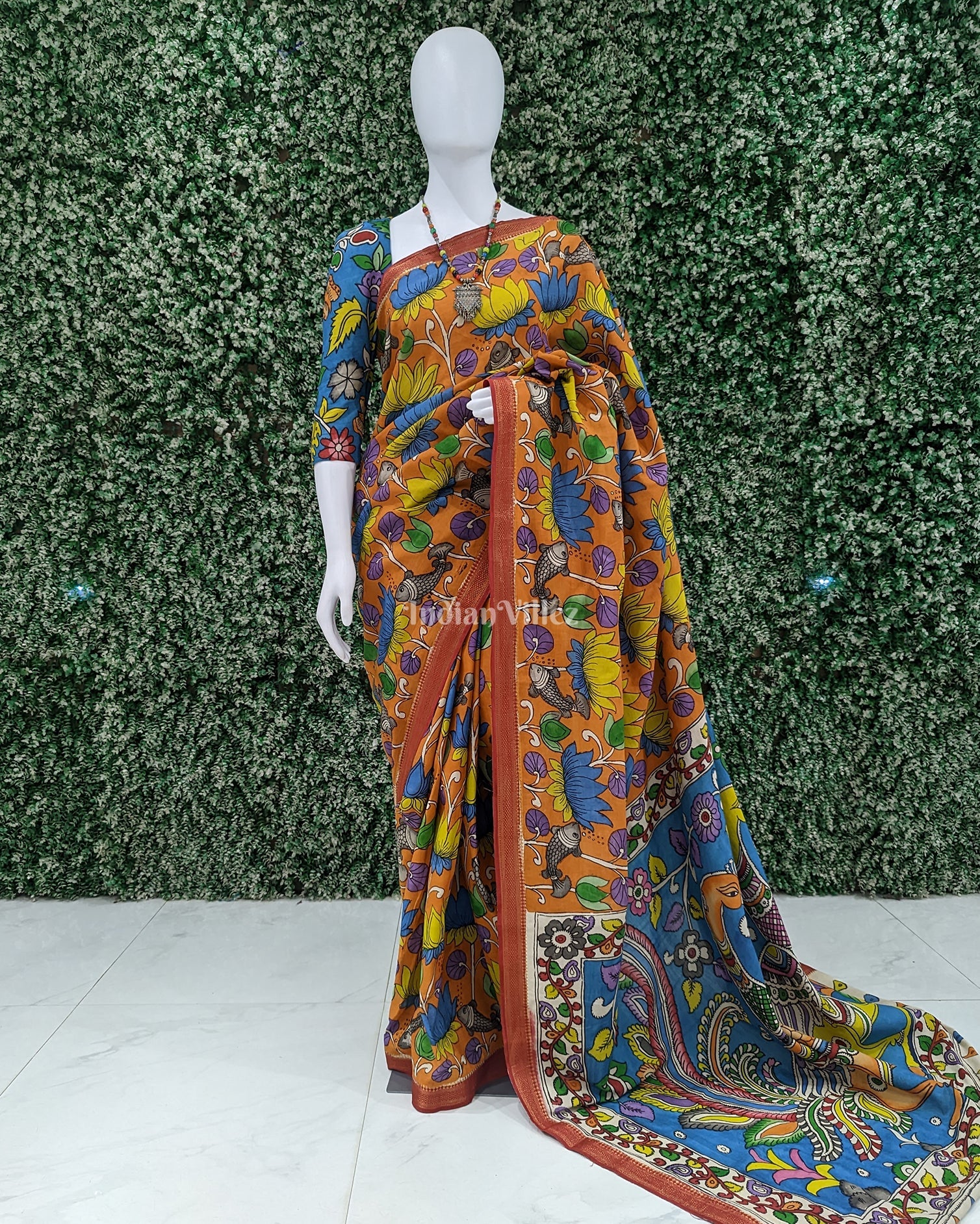 Orange Lotus Fish Hand-Painted Natural Dye Cotton Kalamkari Saree