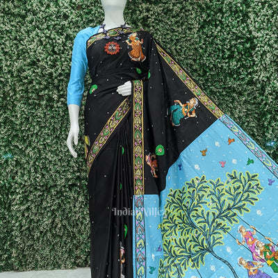 Black Blue  Raja Doli Theme Hand-Painted Pattachitra Saree