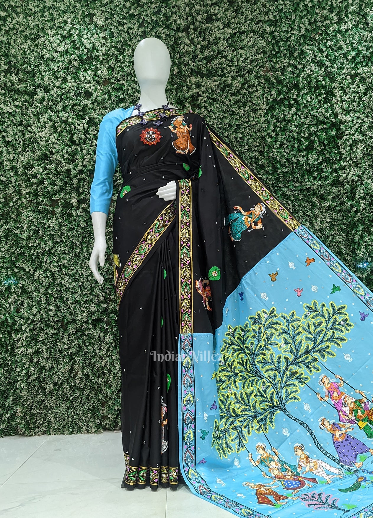 Black Blue  Raja Doli Theme Hand-Painted Pattachitra Saree