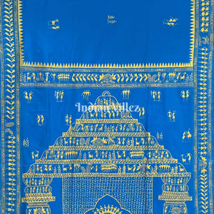 Sky Blue Tribal Art Konark Temple Hand-Painted Pattachitra Saree