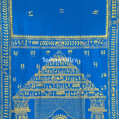Sky Blue Tribal Art Konark Temple Hand-Painted Pattachitra Saree