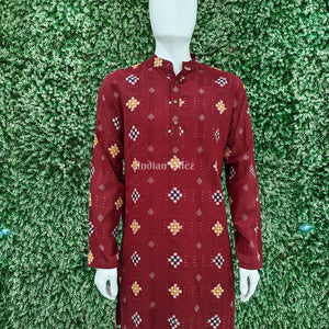 Maroon Pasapali Design Sambalpuri Ikat Cotton Kurta For Men
