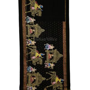 Black with Parrot Green Doli Barat/Palki Theme Hand-Painted Pattachitra Saree