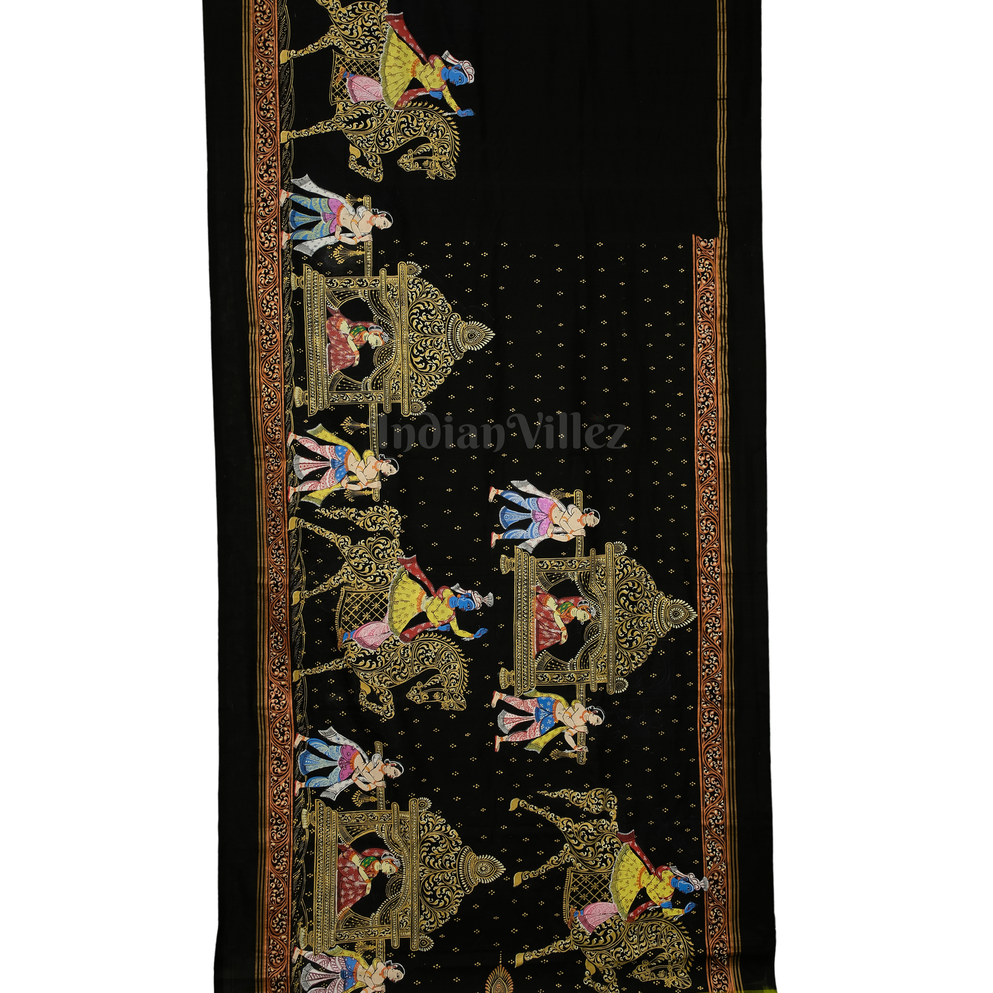 Black with Parrot Green Doli Barat/Palki Theme Hand-Painted Pattachitra Saree