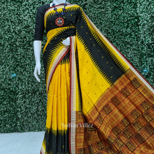 Yellow Black Fish Motif Sambalpuri Bomkai Silk Saree with Nartaki Anchal